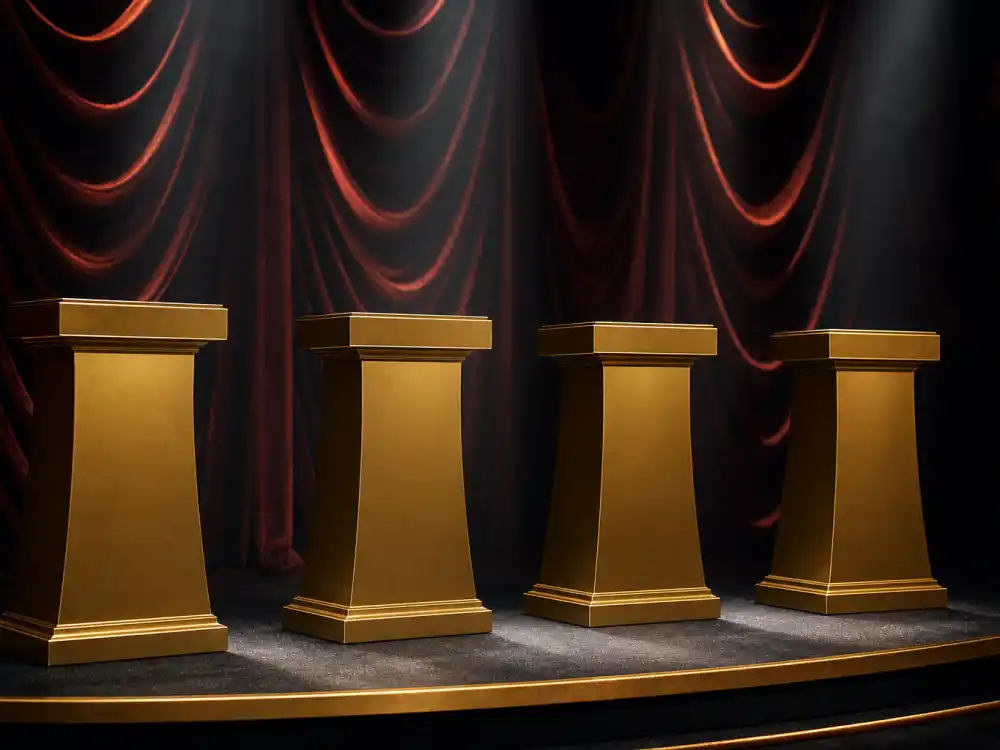 Four golden pedestals on an awards stage illustrate the Big Four general field categories in Grammy categories explained