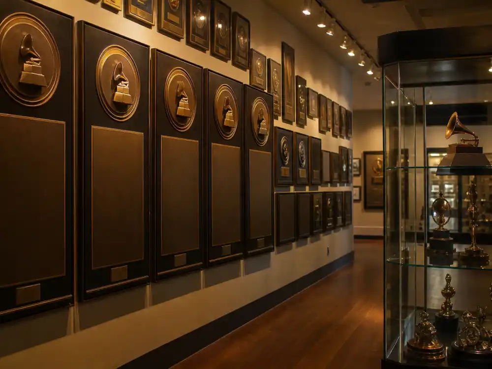 Vintage award plaque wall traces category history additions and retirements central to Grammy categories explained across seven decades