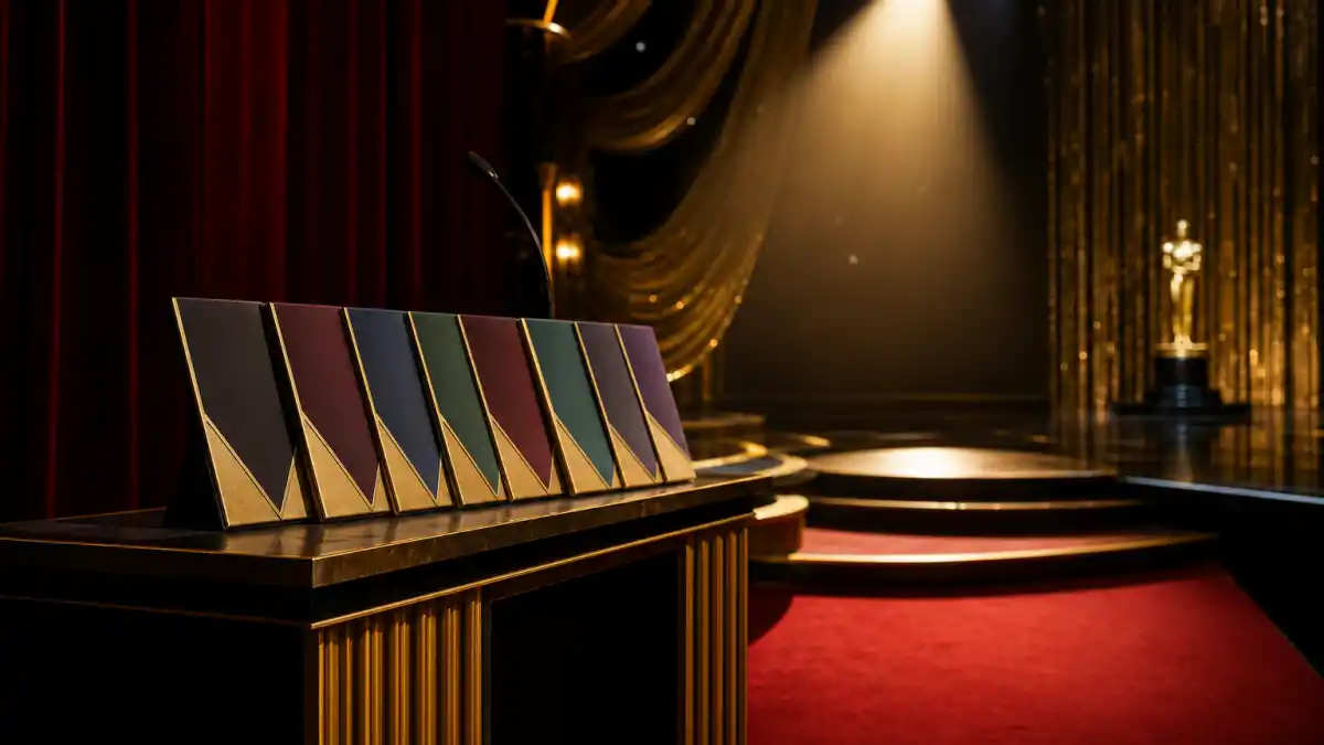 Grammy categories explained — empty awards stage with golden spotlight and category guide folders on a velvet podium under warm ceremony lighting