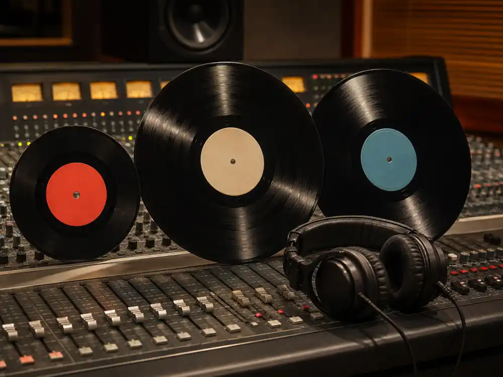 Studio mixing console with vinyl records and headphones clarifies Record of the Year versus Song of the Year versus Album of the Year in Grammy categories explained