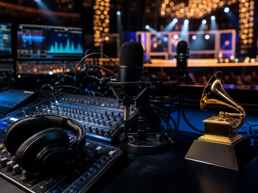 Behind-the-scenes producer booth with mixing gear represents specialty production and engineering Grammy categories explained beyond the televised highlights