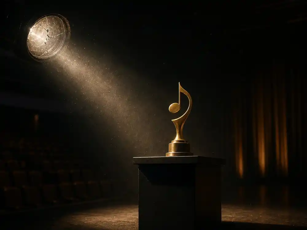 Cracked spotlight on an empty awards podium with a generic golden trophy evokes the Best New Artist Grammy curse and post-win fade