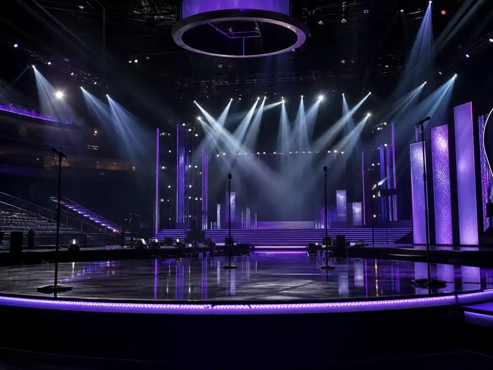 Empty arena stage with spotlights awaiting performers after the Grammy nominations 2026 shortlists were announced