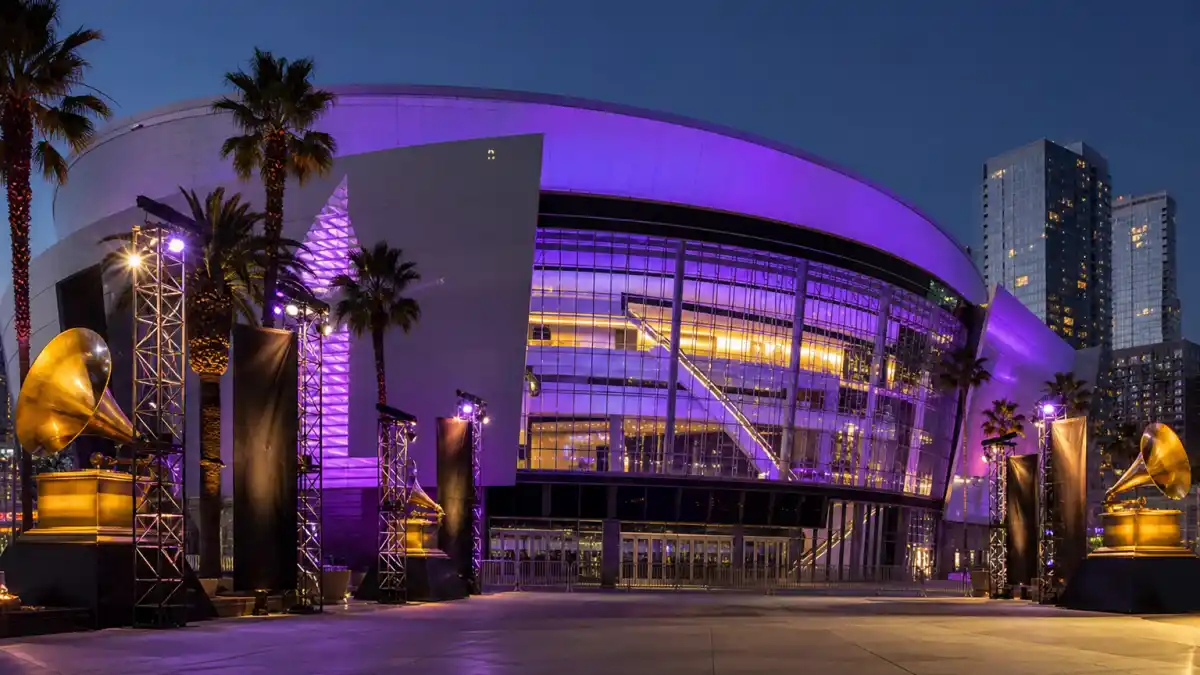 Grammy nominations 2026 — Crypto.com Arena exterior at dusk before the 68th Annual Grammy Awards ceremony