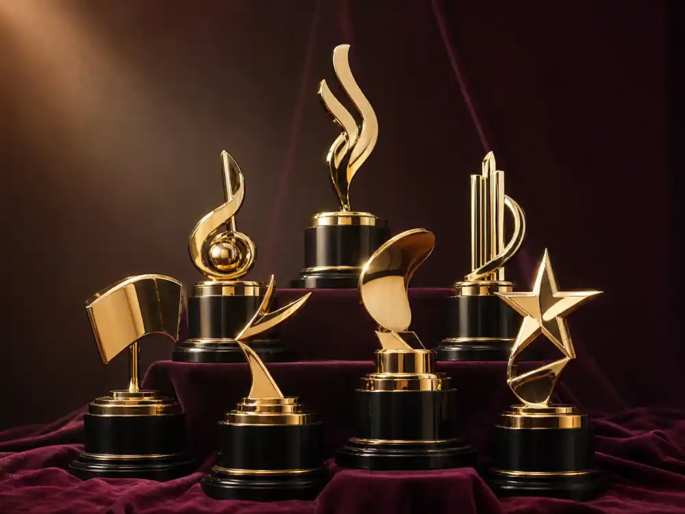 Stack of generic golden music trophies representing every category on the Grammy nominations 2026 full list