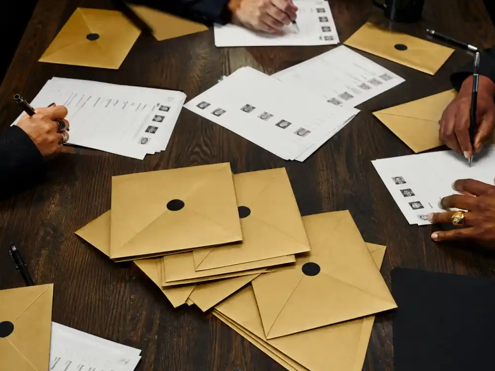 Voting ballots and sealed envelopes illustrating how Recording Academy members choose Grammy nominations 2026 honorees