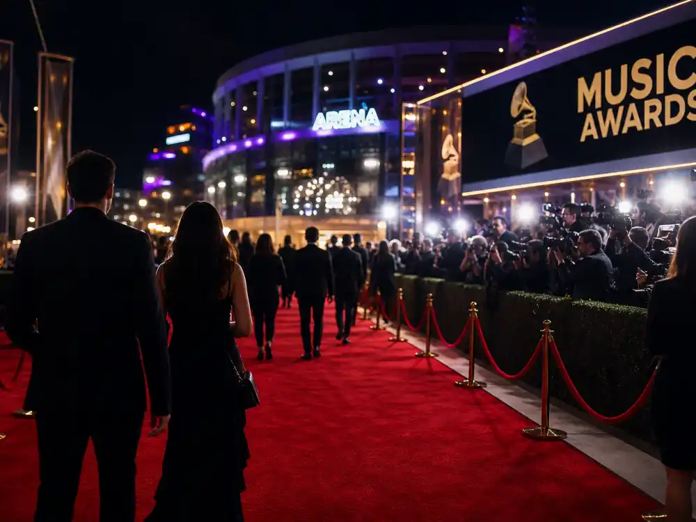 Red carpet at a major music awards arena entrance where artists chase the most Grammy awards won by an artist in history