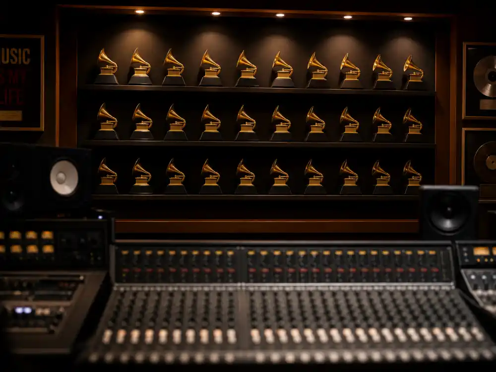 Recording studio wall lined with golden gramophone-style trophies illustrating all-time Grammy win totals for top artists
