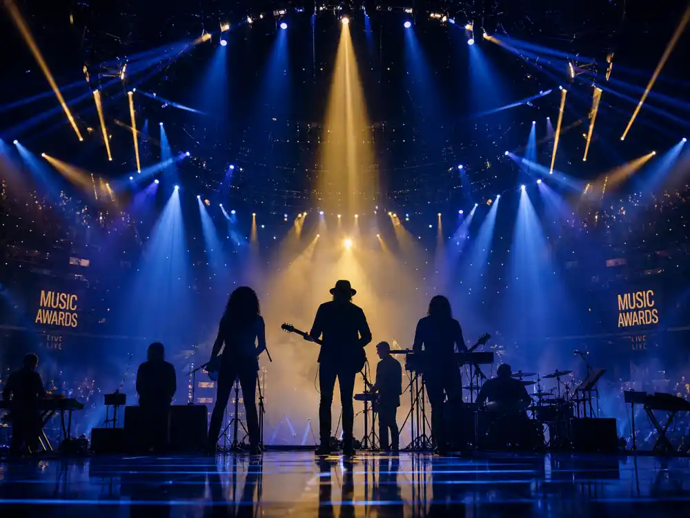 Performer silhouettes under stage lights during notable Grammy winners 2026 tribute and live performance segments