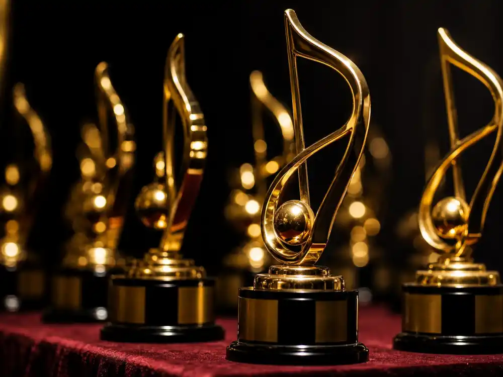 Gold music award trophies on display representing every category on the Grammy winners 2026 complete list