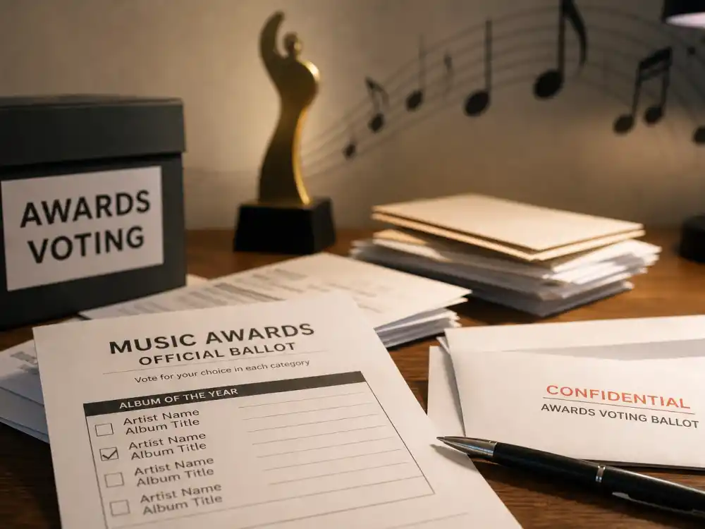 Voting ballots and envelopes illustrating how Recording Academy members choose Grammy winners 2026 honorees