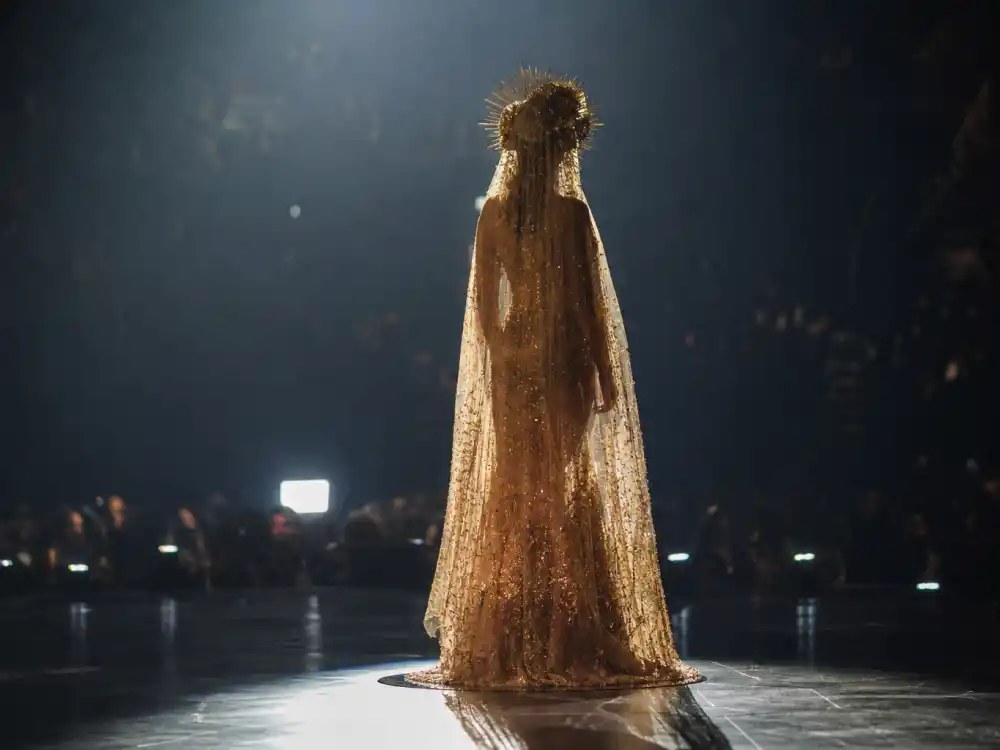 Sheer gold embellished Grammy gown with floral veil evoking Beyonce 2017 twins reveal in Grammys best dressed of all time history
