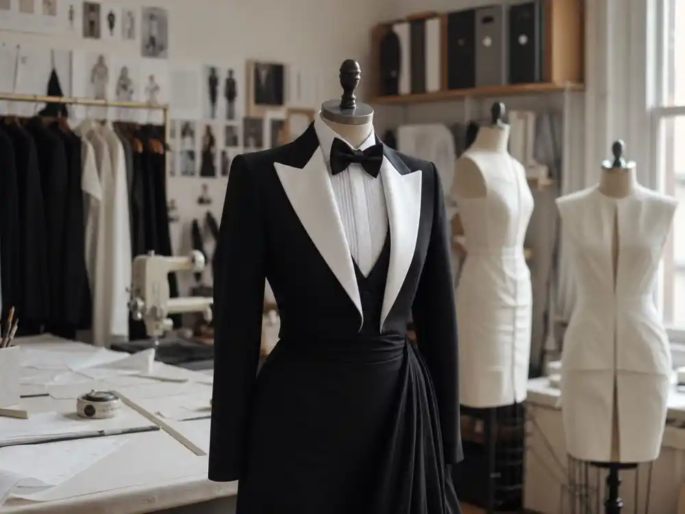 Reverse black tuxedo with white lapels evoking Celine Dion Grammy red carpet moment in Grammys best dressed of all time menswear history
