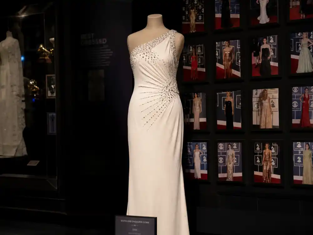 White one-shoulder crystal Grammy evening gown evoking Jennifer Hudson 2007 arrival in Grammys best dressed of all time list