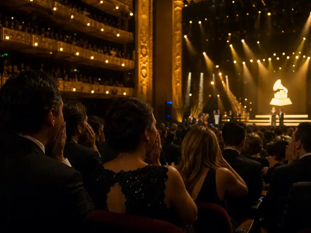 Shocked theatre audience silhouettes reacting to Grammys most shocking moments history during a live Recording Academy ceremony broadcast