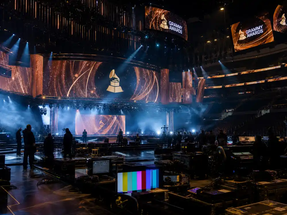Modern awards arena with LED screens reflects how Grammys most shocking moments history still dominates social media after every February telecast