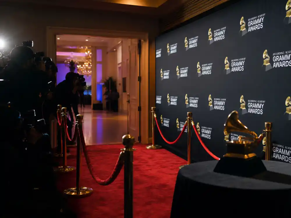 Grammy awards press wall step-and-repeat backdrop where shocking moments in Grammys history unfold before live CBS cameras each February