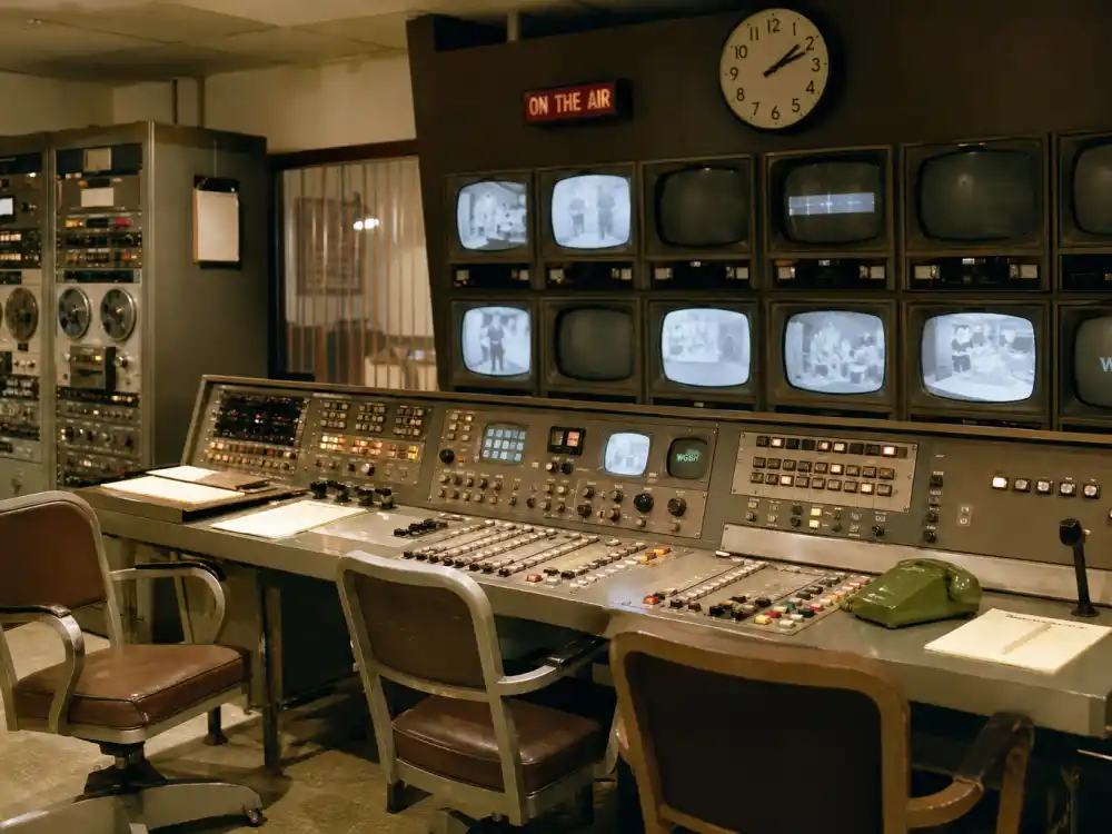 Vintage television broadcast control room illustrates classic-era great TV shows that never won an Emmy when peer voters favored safer network formats