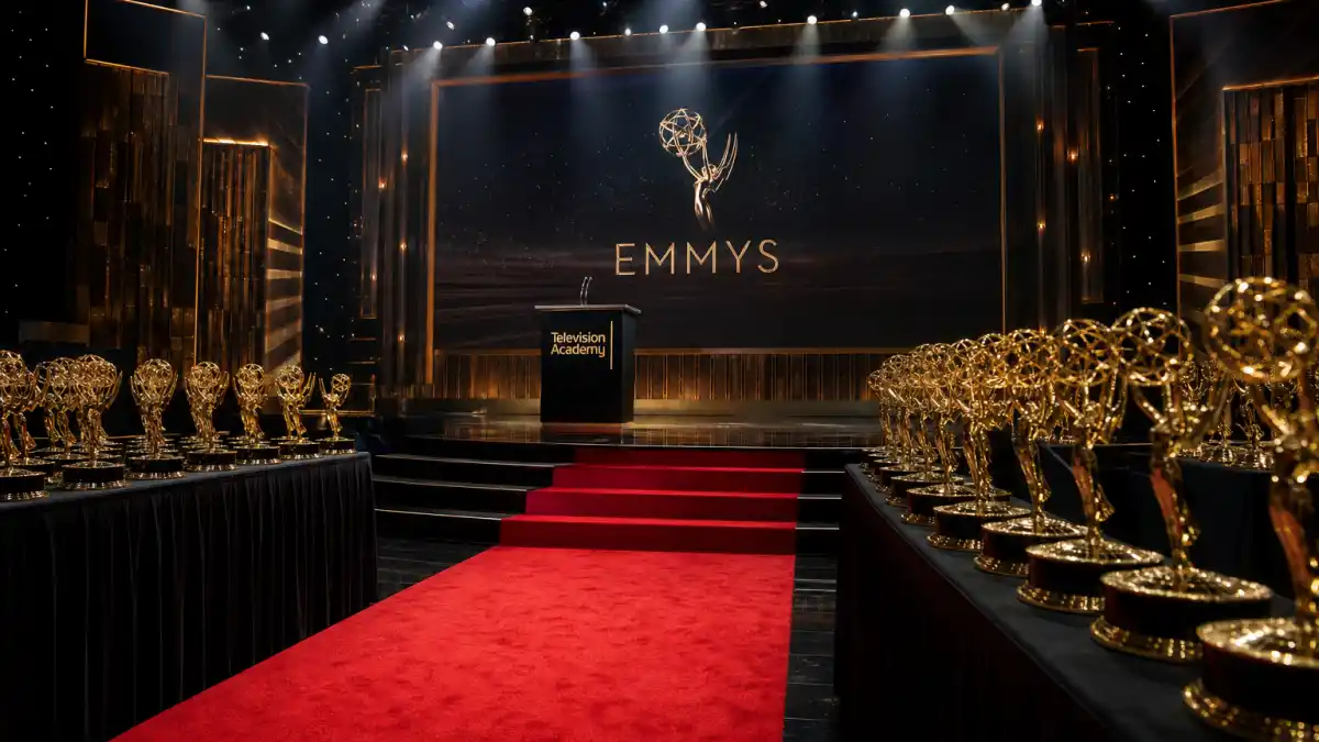 Great TV shows that never won an Emmy — empty television awards stage with golden statuettes on display under dramatic ceremony spotlights