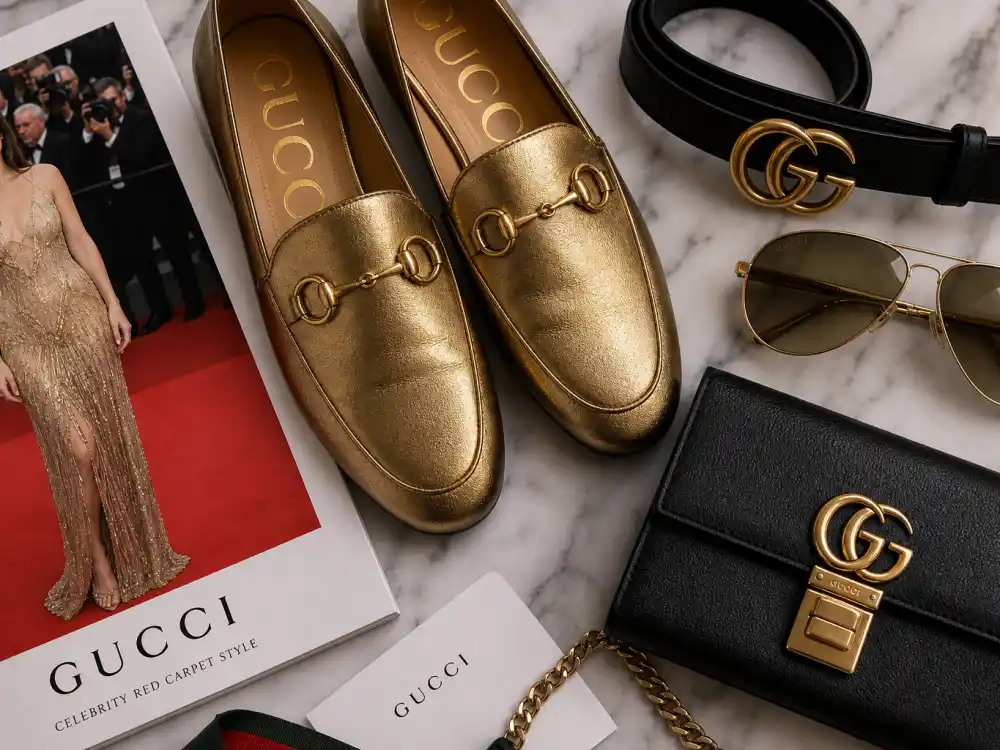Gucci Horsebit loafers interlocking belt and aviator sunglasses flat lay completing accessory stacking rules for Gucci celebrity red carpet style finishing touches