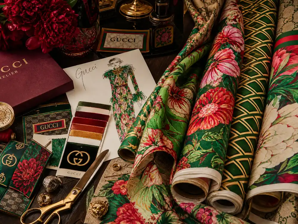 Bold Gucci floral and geometric print fabric rolls in atelier showing maximalist codes that define Gucci celebrity red carpet style on premiere carpets
