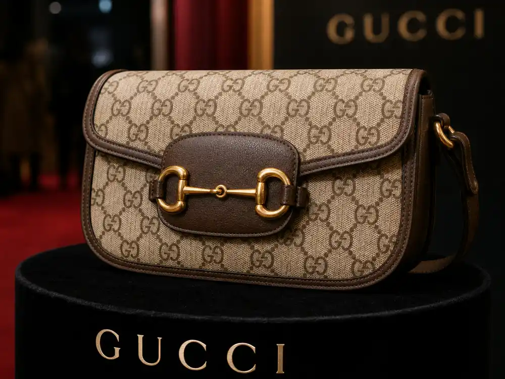 Gucci GG monogram handbag on velvet pedestal with Horsebit hardware defining accessory signatures in Gucci celebrity red carpet style