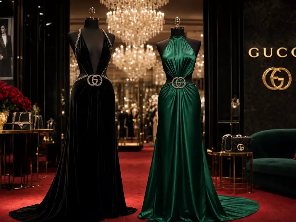 Black velvet and emerald satin Gucci evening gowns on dress forms showing luxury glamour construction behind Gucci celebrity red carpet style