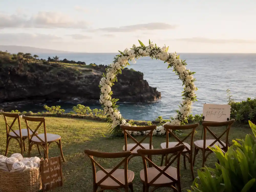 Hawaii vow renewal meadow with white floral arch for Hailey Bieber pregnancy announcement timeline May 9, 2024 reveal