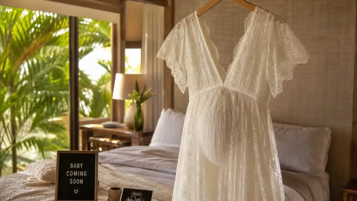 Hailey Bieber pregnancy announcement timeline — white lace maternity dress and ultrasound on bed before May 9, 2024 Hawaii reveal