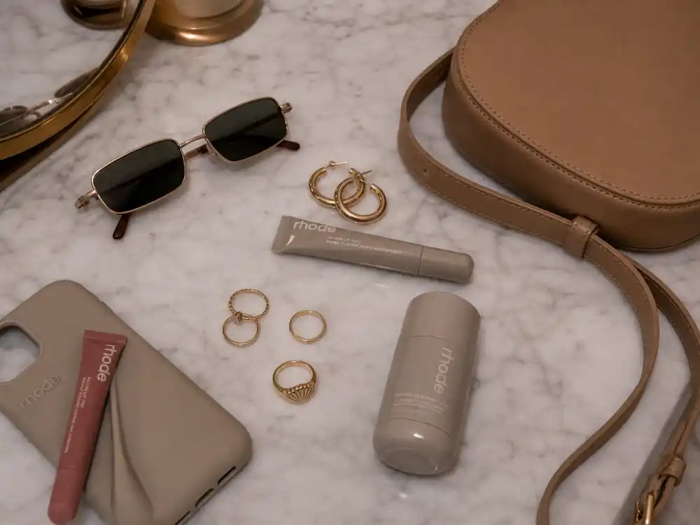 Tiny sunglasses gold hoops and tan crossbody bag finishing Hailey Bieber street style looks accessory layer