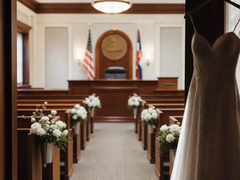 Manhattan courthouse marble hallway setting where Hailey Bieber wedding dress Off-White made its September 30 2019 legal ceremony debut