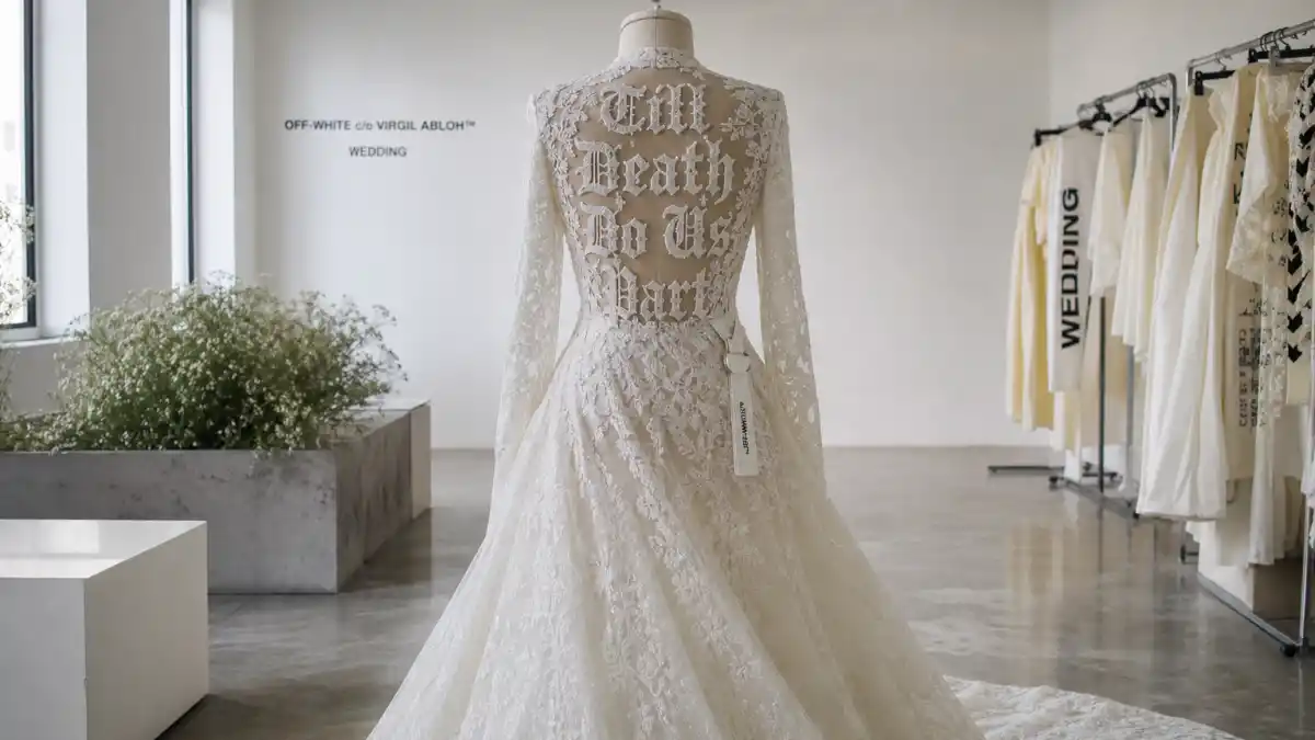 Hailey Bieber wedding dress Off-White — custom backless ivory lace gown with Till Death embroidery on mannequin in Virgil Abloh bridal showroom
