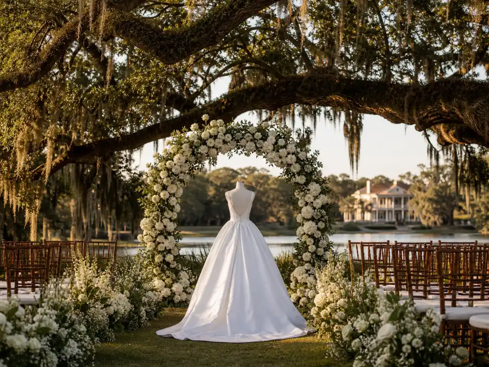 Montage Palmetto Bluff South Carolina oak avenue where Hailey Bieber wedding dress Off-White celebration unfolded after NYC courthouse vows