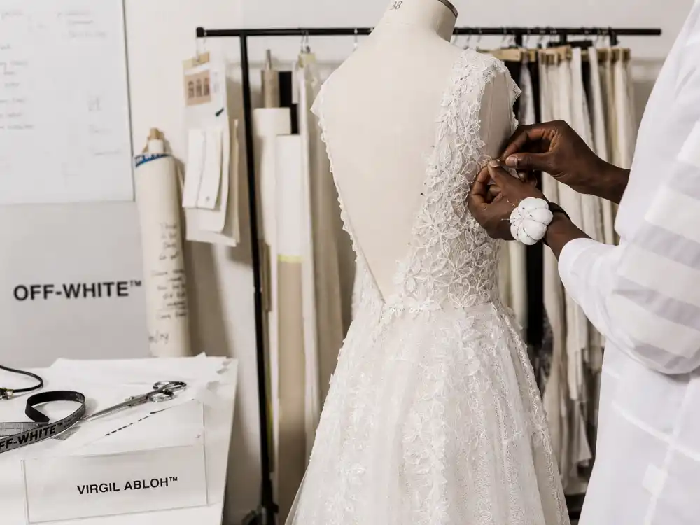 Virgil Abloh Off-White atelier workspace where Hailey Bieber wedding dress Off-White couture was designed and fitted before September 2019