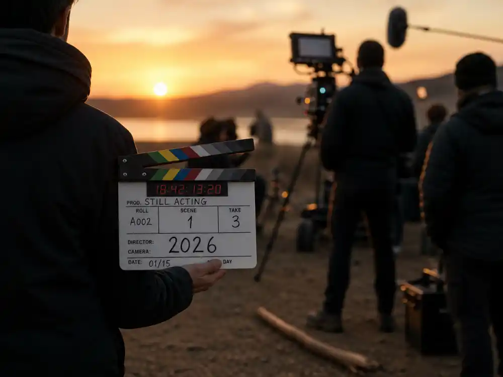 A modern film set at golden hour representing that Haley Joel Osment is still acting in 2026