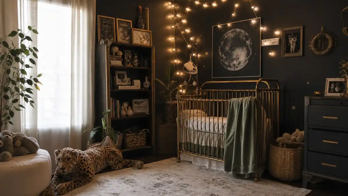 Halsey baby announcement 2025 nursery hub — moody artistic crib with fairy lights and sage accents in a celebrity-style home