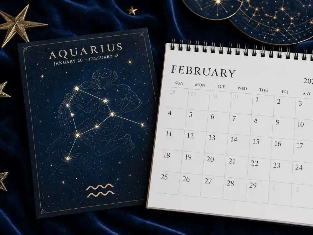 Aquarius zodiac chart beside February calendar for Harry Styles age and birthday 2026 — February 1 birth date places him under Aquarius in Western astrology