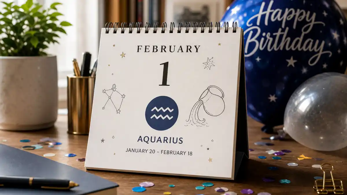 Harry Styles age and birthday 2026 — desk calendar open to February 1 with Aquarius zodiac decorations marking his verified birth date