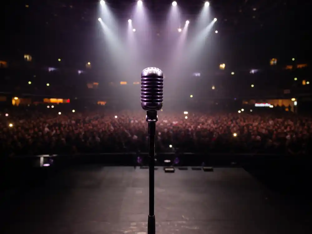 Vintage microphone on concert stage reflecting Harry Styles age and birthday 2026 career from X Factor auditions through One Direction arena tours and solo headline shows