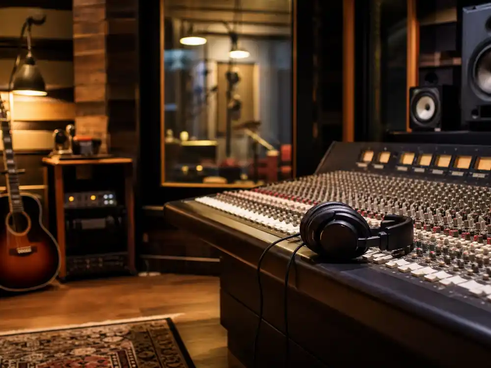 Recording studio mixing console and headphones reflecting Harry Styles age and birthday 2026 solo albums Fine Line and Harry's House recorded in his late twenties and early thirties