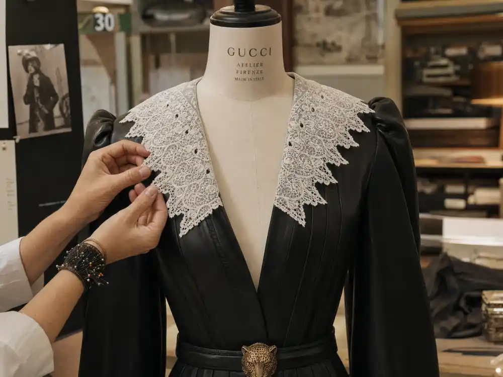 Gucci atelier craftsmanship behind Harry Styles Gucci dress Grammy history — black leather custom gown pinned on couture dress form with white lace collar