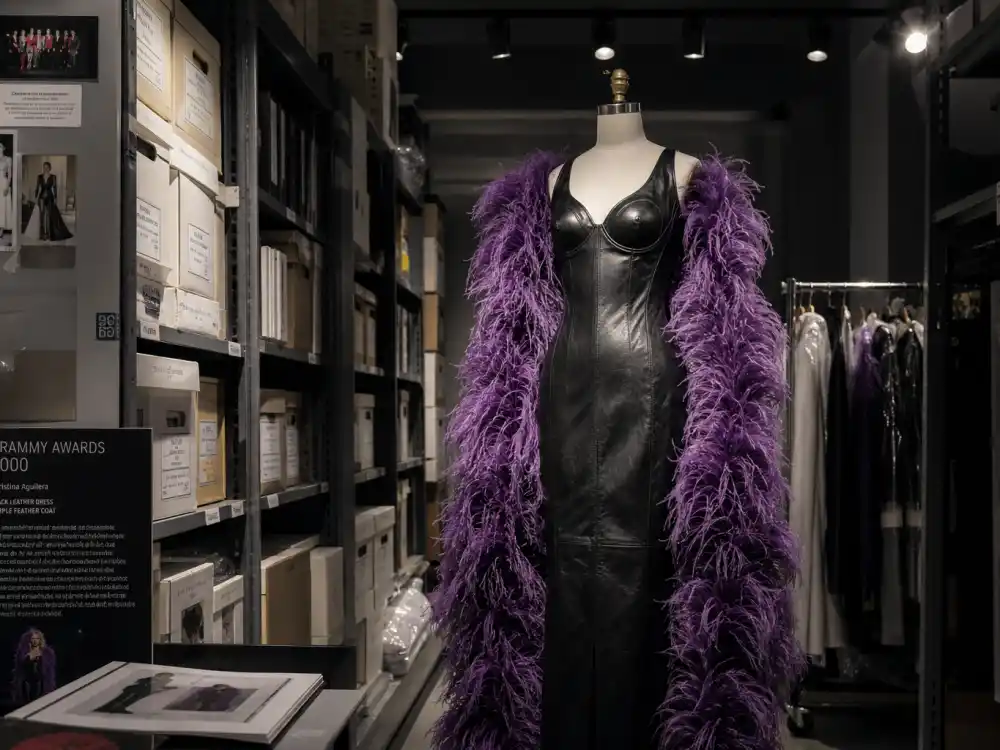 Fashion archive display preserving Harry Styles Gucci dress Grammy history legacy — black leather Grammy gown with purple feather boa on dress form