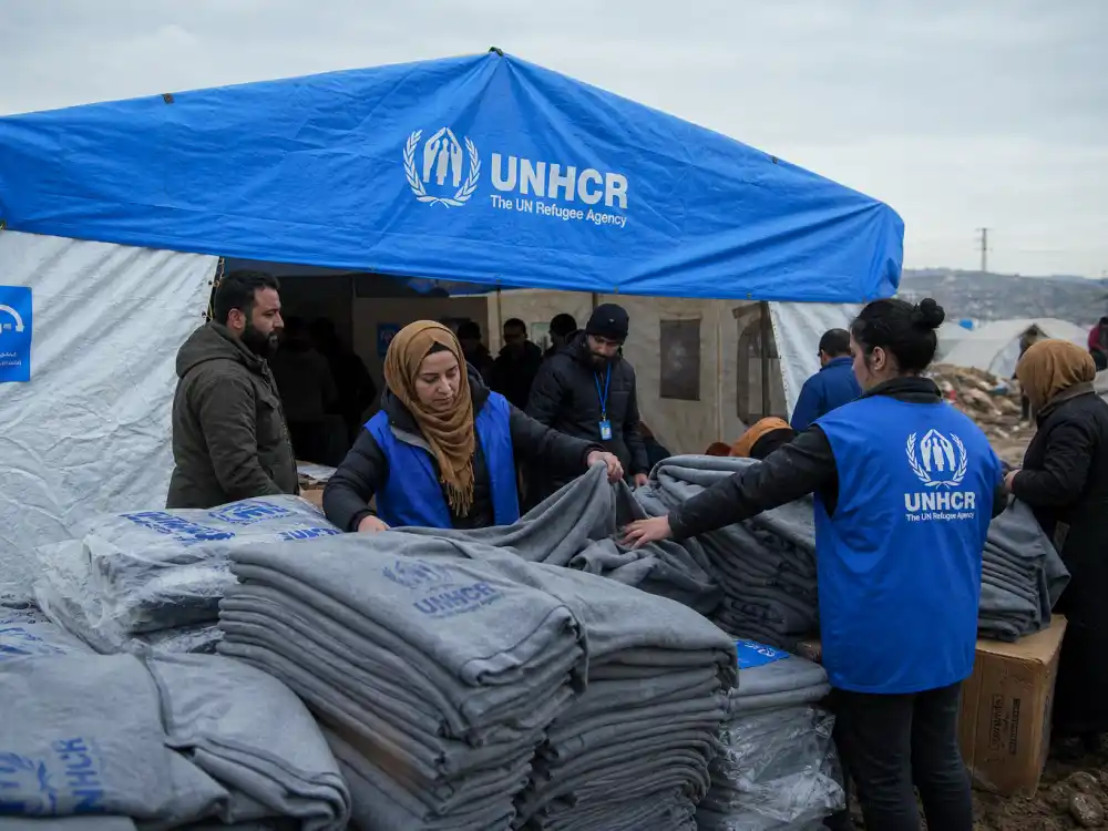 Humanitarian aid setting for Helena Christensen UNHCR Goodwill Ambassador advocacy work