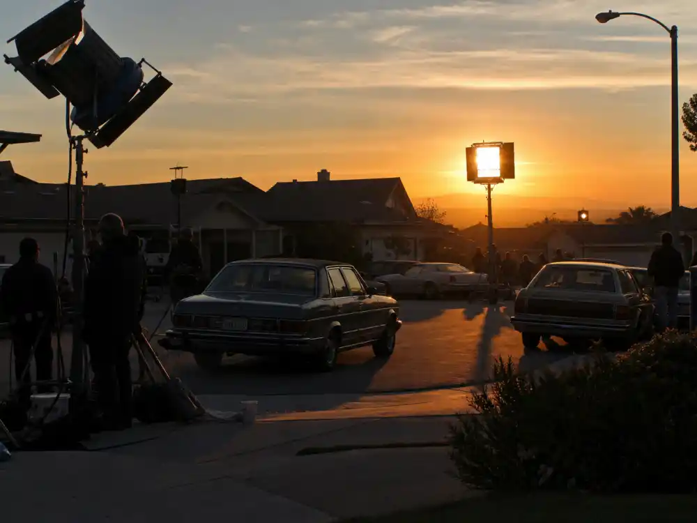 Suburban film set lights for Henry Thomas E.T. fame as Elliott in Spielberg blockbuster