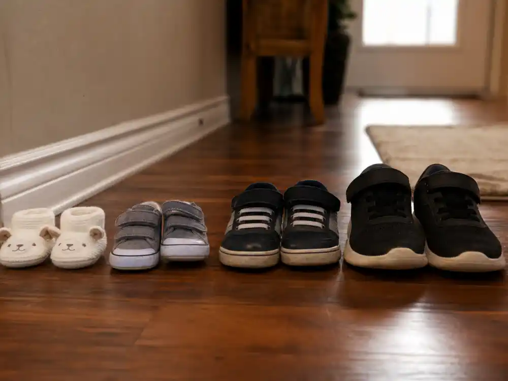 Four pairs of children shoes from infant to big-kid sizes — Hilary Duff baby number four announcement expands Luca, Banks, and Mae