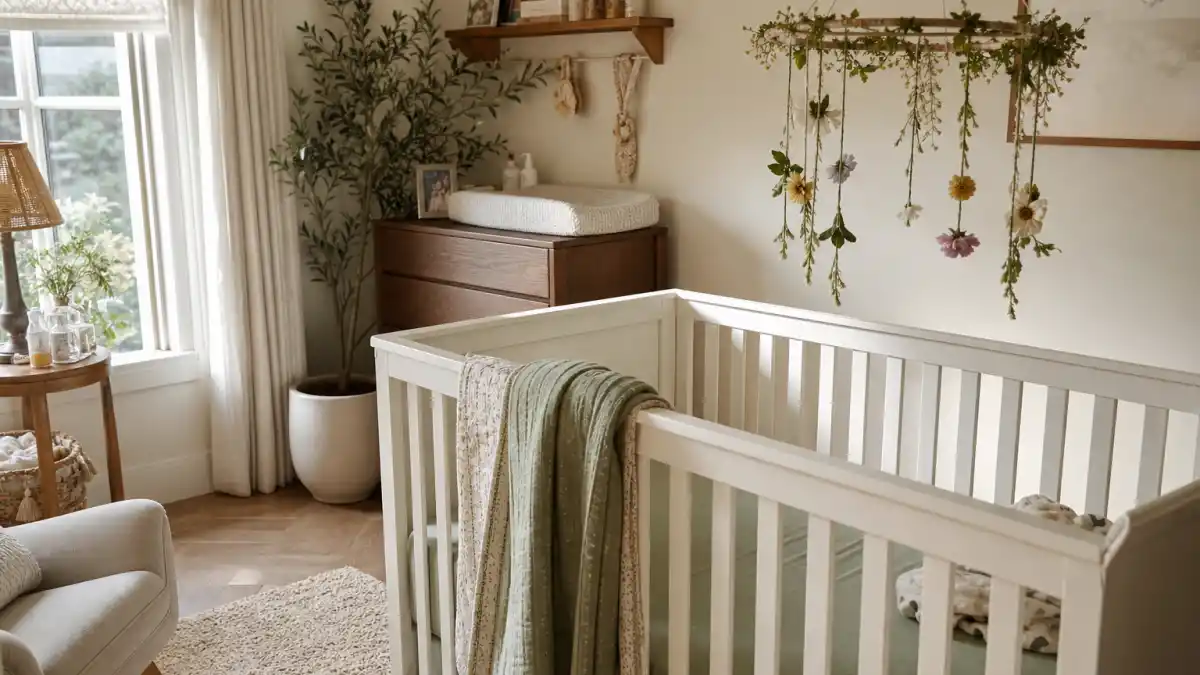 Hilary Duff baby number four announcement nursery — sage green crib with wildflower mobile and cream accents in a celebrity-style home
