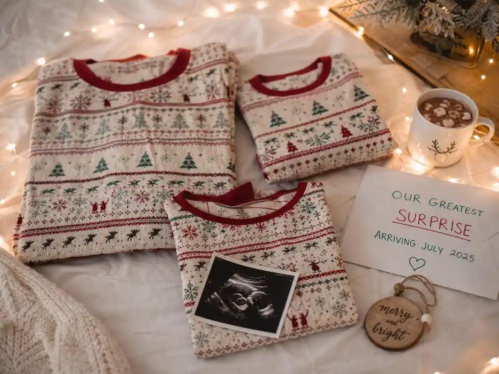 Holiday card flat lay for Hilary Duff baby number four announcement — matching pajamas and surprise envelope without showing faces