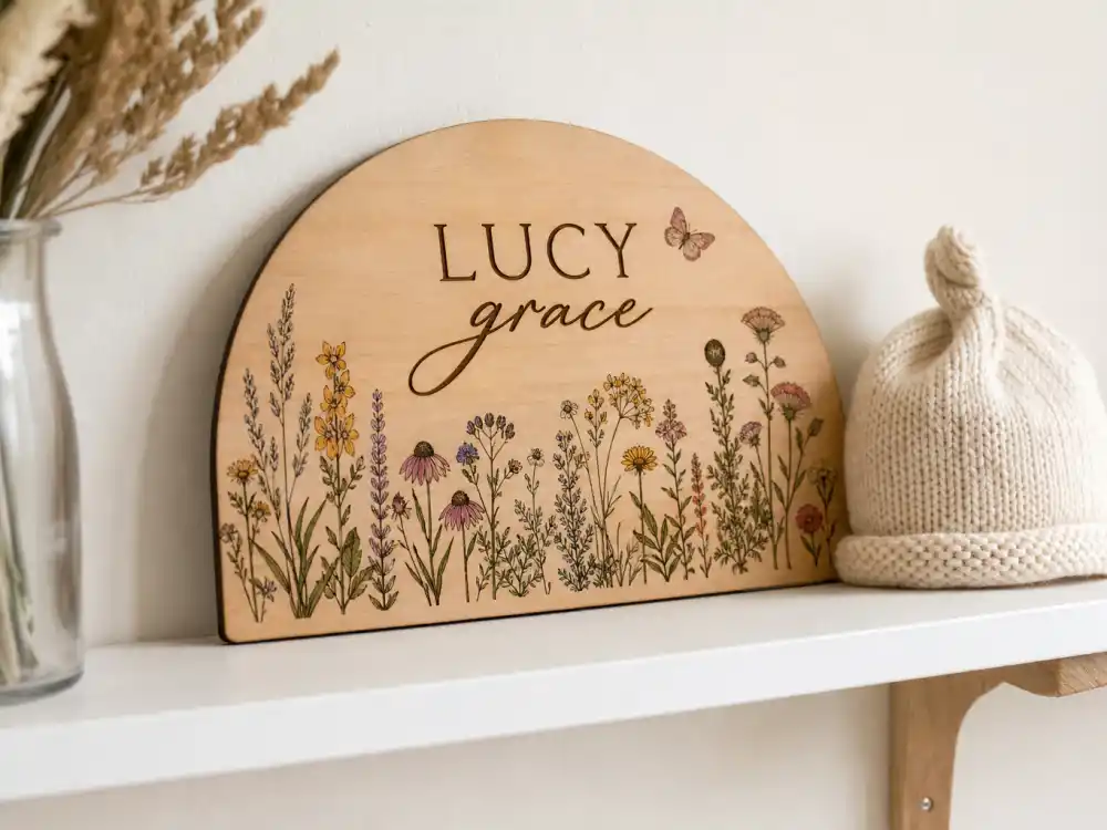 Meadow wildflower nursery plaque for Hilary Duff baby number four announcement and daughter Townes Meadow Bair name reveal