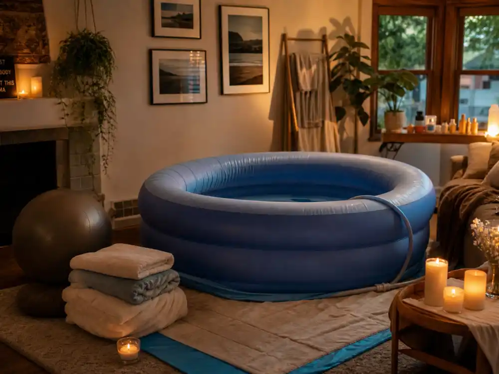 Home water birth pool setup tied to Hilary Duff baby number four announcement — towels, candles, and calm living-room aesthetic