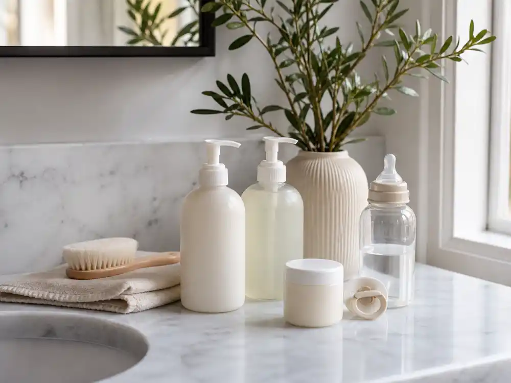 Baby care products on a vanity for Hilary Duff Happy Little Stuff entrepreneur brand